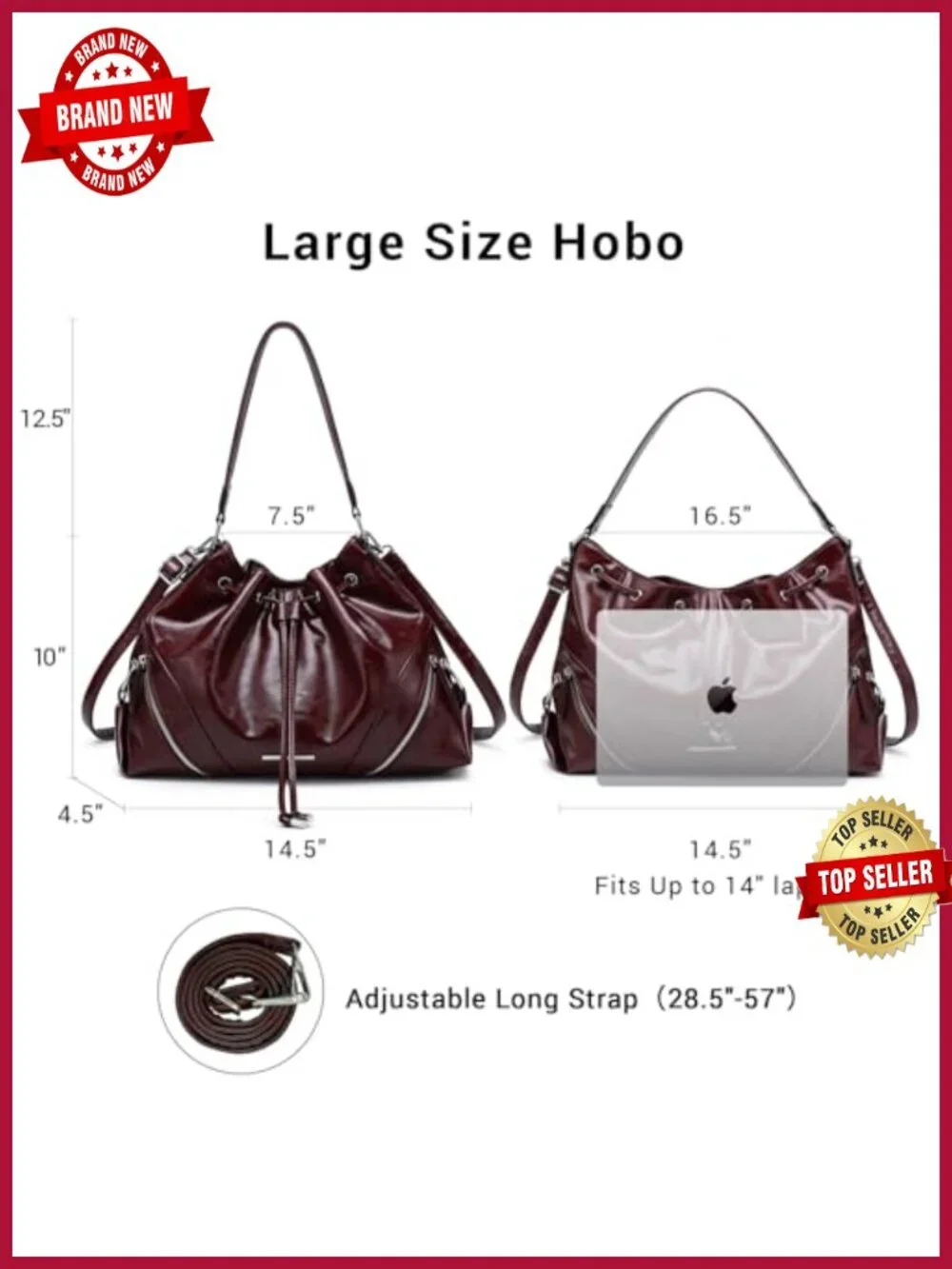 Large Hobo Bag Drawstring Bucket Tote Vegan Leather Work Travel